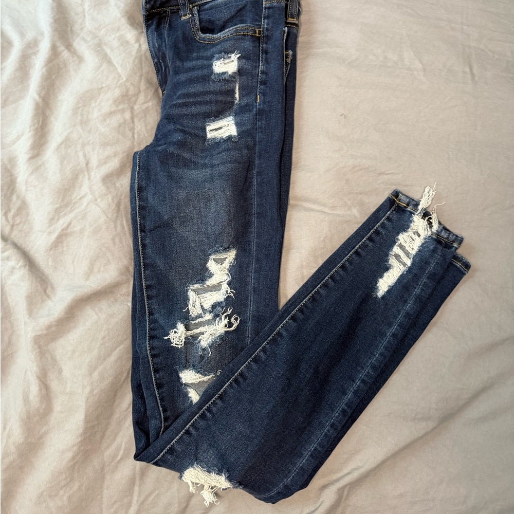 American Eagle Outfitters Blue Skinny Jeans with Distressed Details